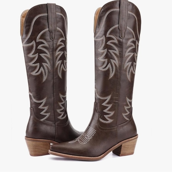 Women's Brown Mid Calf Embroidered Western Boots Snip Toe Chunky Heel PullOn 9.5 - Picture 1 of 8